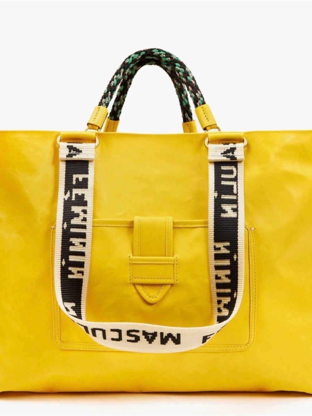 Clare V Yellow Leather Tote with Logo Web Strap and Braided Handles
